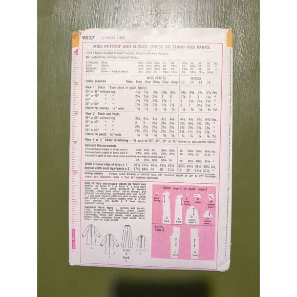 Vintage 70s Simplicity Pattern 9027 Pantsuit Dress Tunic Pant Misses Sz 10 - Picture 2 of 2